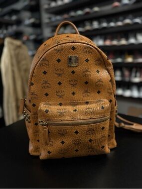 MCM Cognac Logo-Print Mini Backpack with Gold Plate